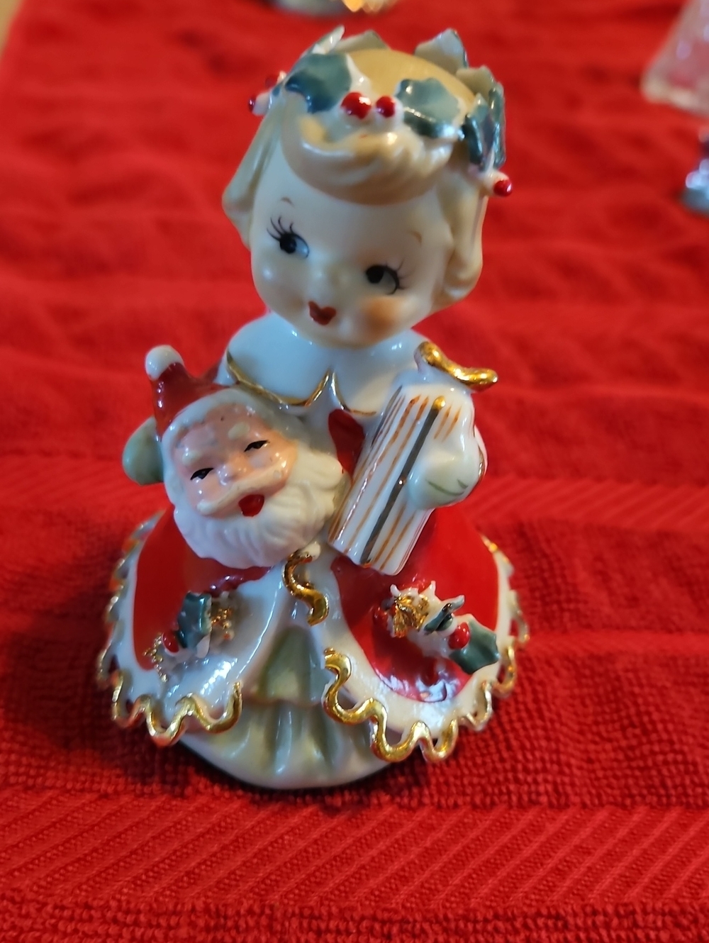 Vintage 1950's Japan Porcelain Angel Bell Santa & Gift Geo Z Lefton 3 3/4" Tall